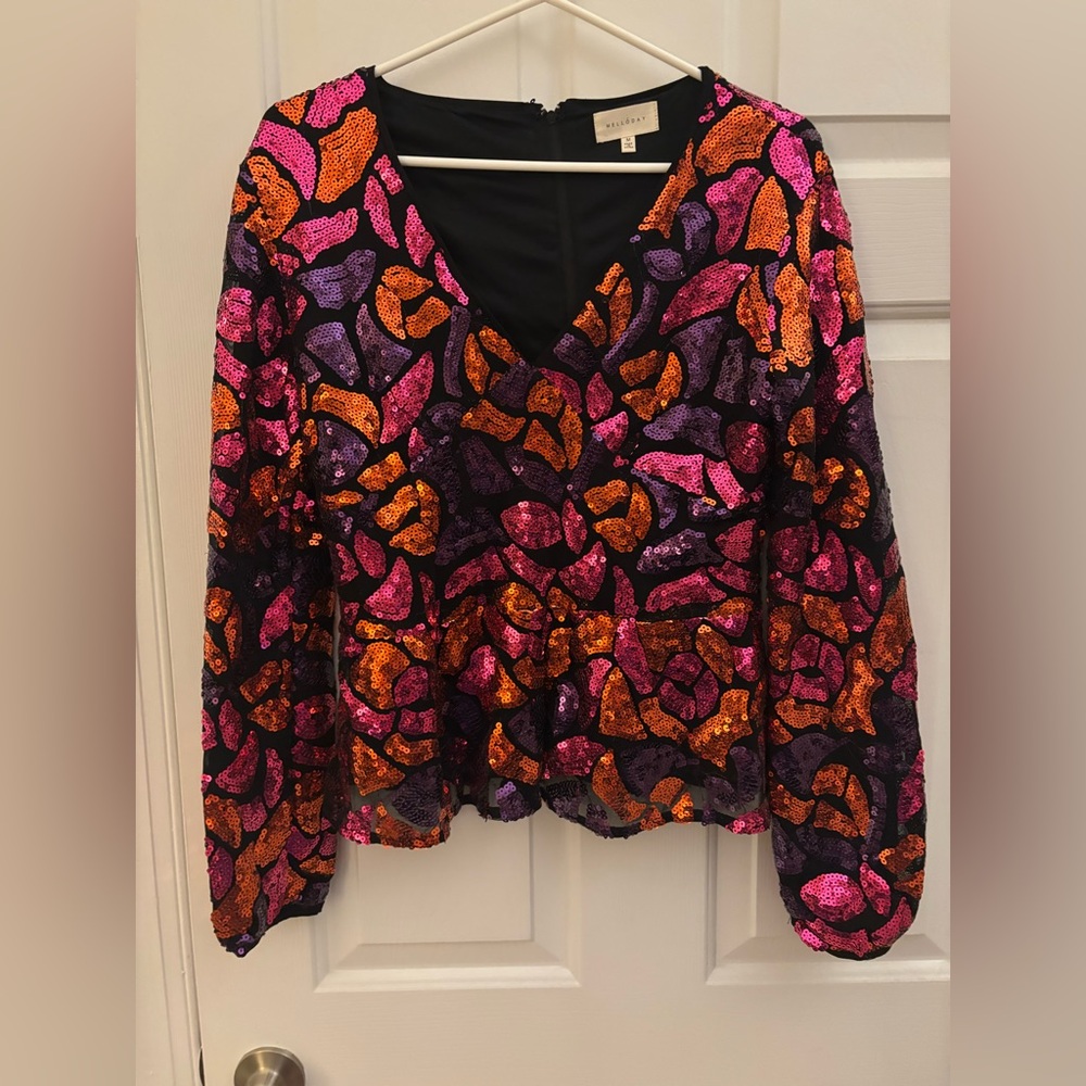 MELLODAY Pink Orange Purple Sequin V-Neck Long Sleeve Top